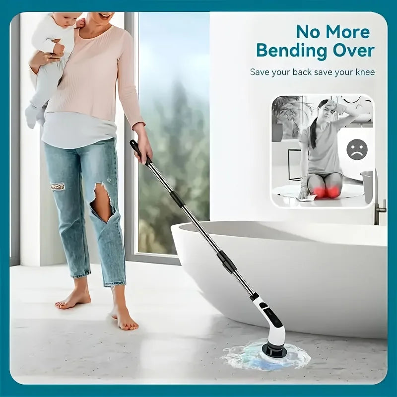 A person is using a cordless electric spin scrubber with multiple brush heads inside a bathtub.