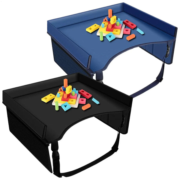 A blue foldable car seat travel tray filled with colorful plastic building blocks.
