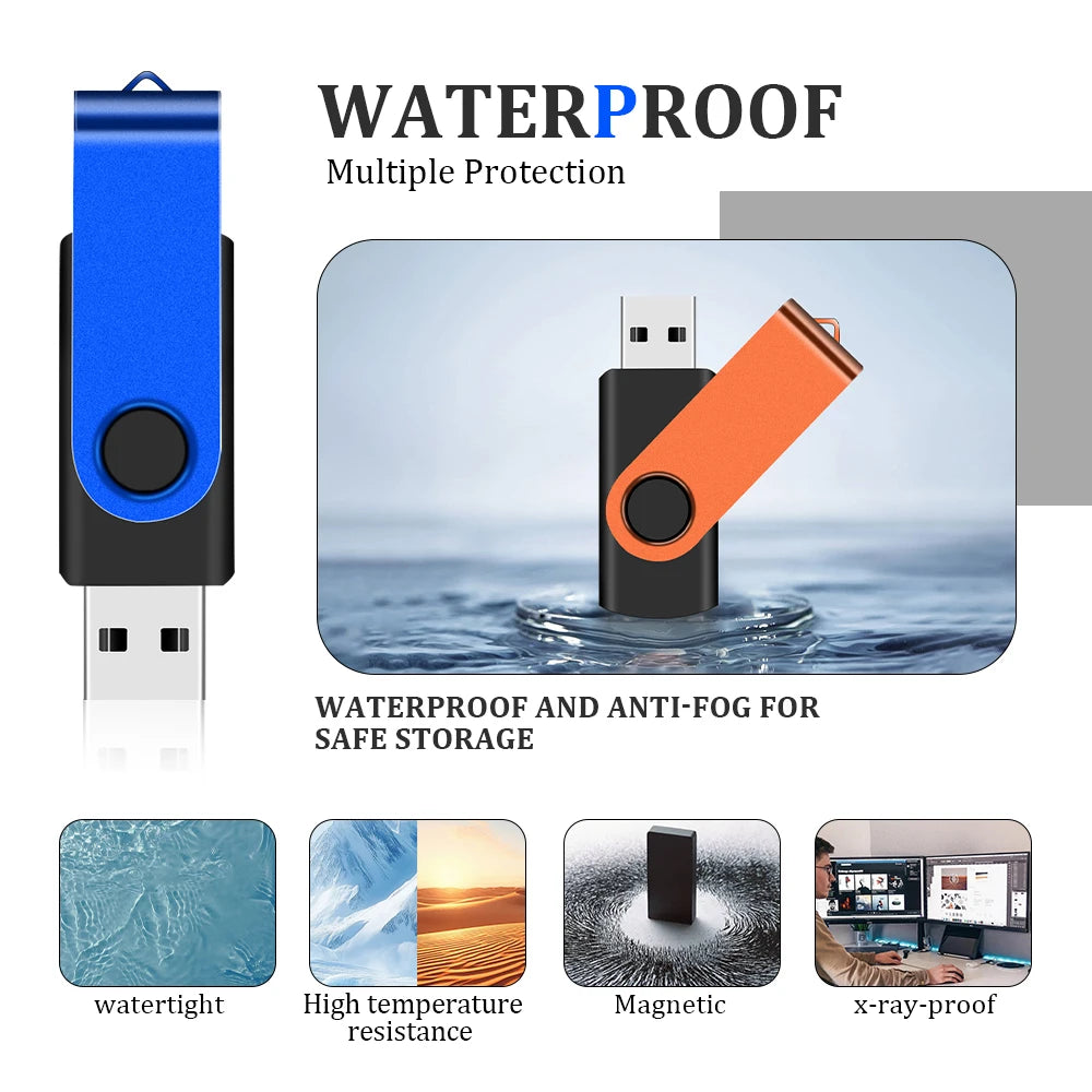 A blue waterproof portable USB drive with multiple protection features including watertight, high temperature resistance, mag