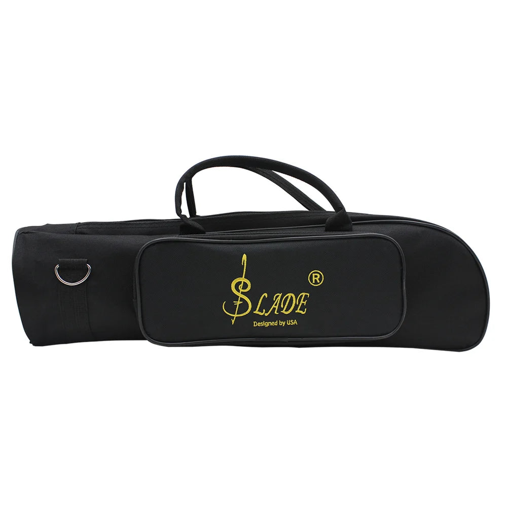 Black waterproof oxford cloth trumpet bag with gold spade logo and padded protection