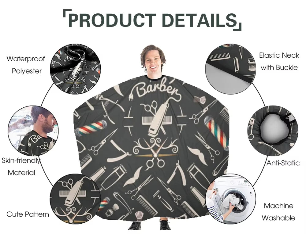 A black waterproof hair cutting cape featuring a barber theme with various tools and patterns.