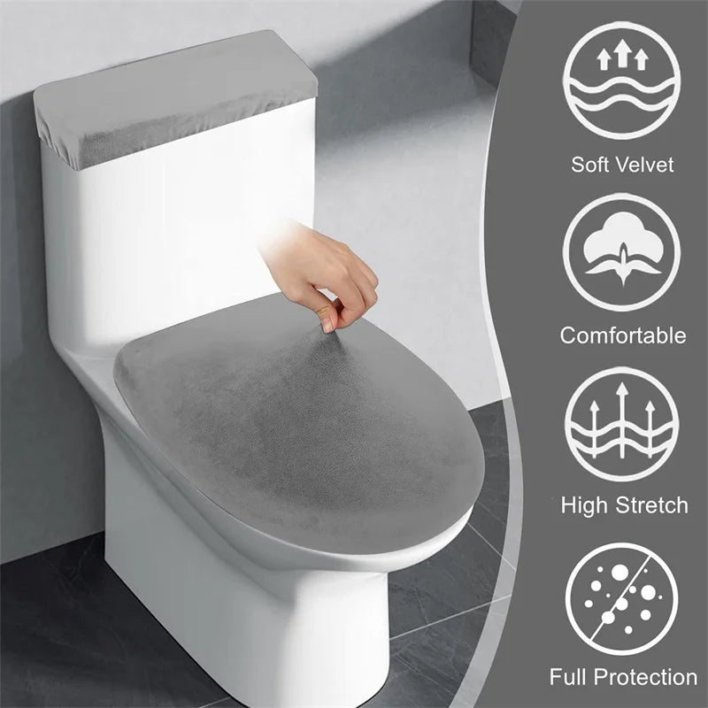 A white toilet seat and tank cover set with soft velvet, comfortable design, high stretch, and full protection features.