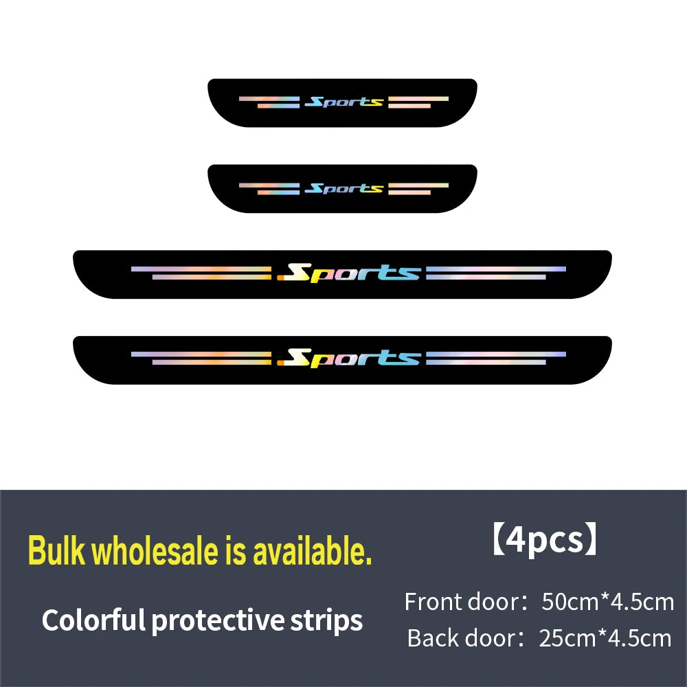 Three sets of colorful protective door sill strips for laser car doors, including front and back versions.