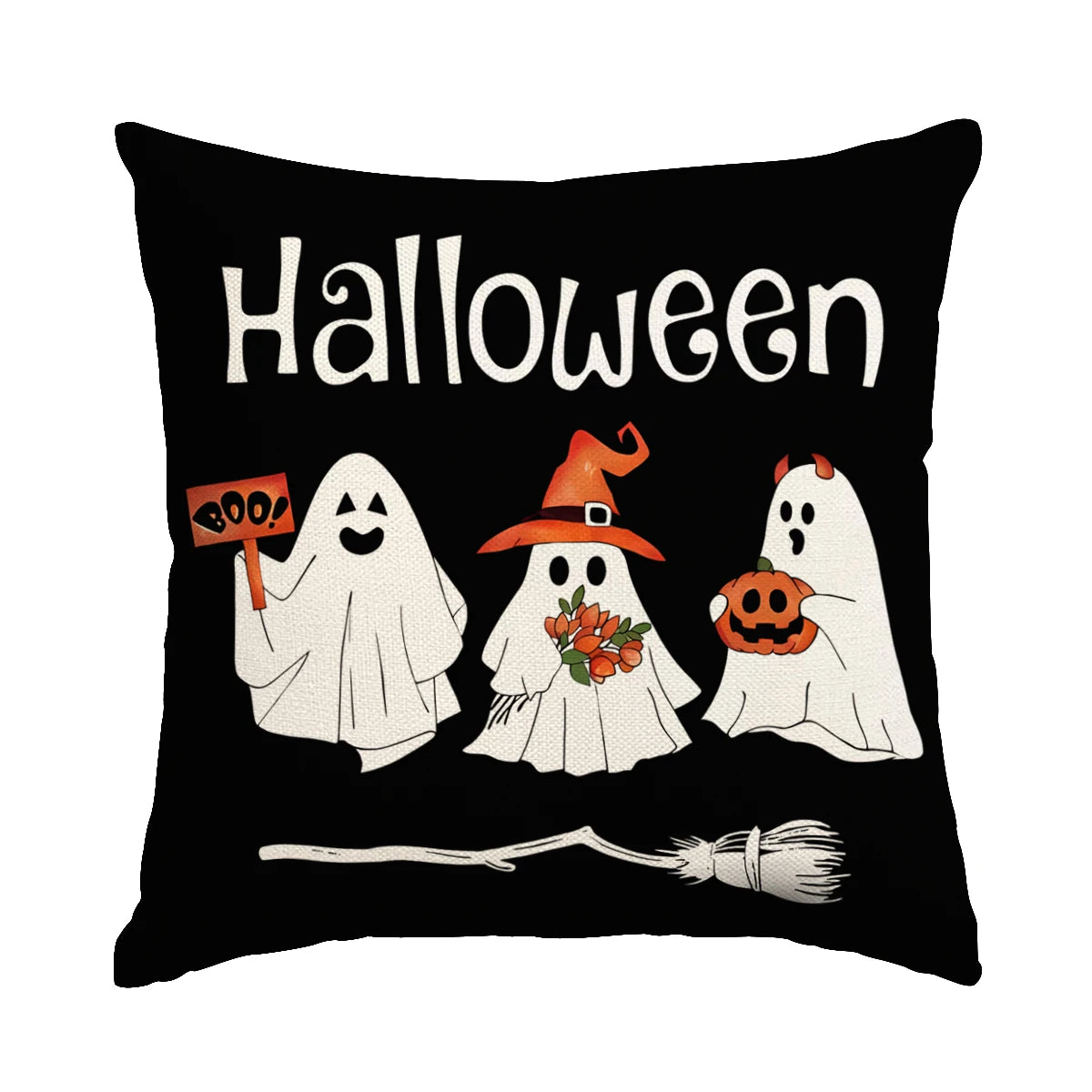 Una almohada negra con texto blanco que dice Halloween