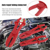 A set of three red auto repair tubing clamp pliers shown on a car engine component.