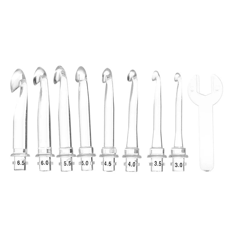 A set of nine interchangeable LED crochet hooks with various sizes ranging from 6.5 to 3.0, including a pair of pliers.