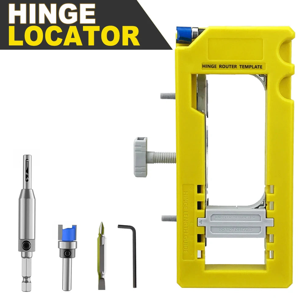 A yellow hinge locator tool with various components for precision door hinge installation.