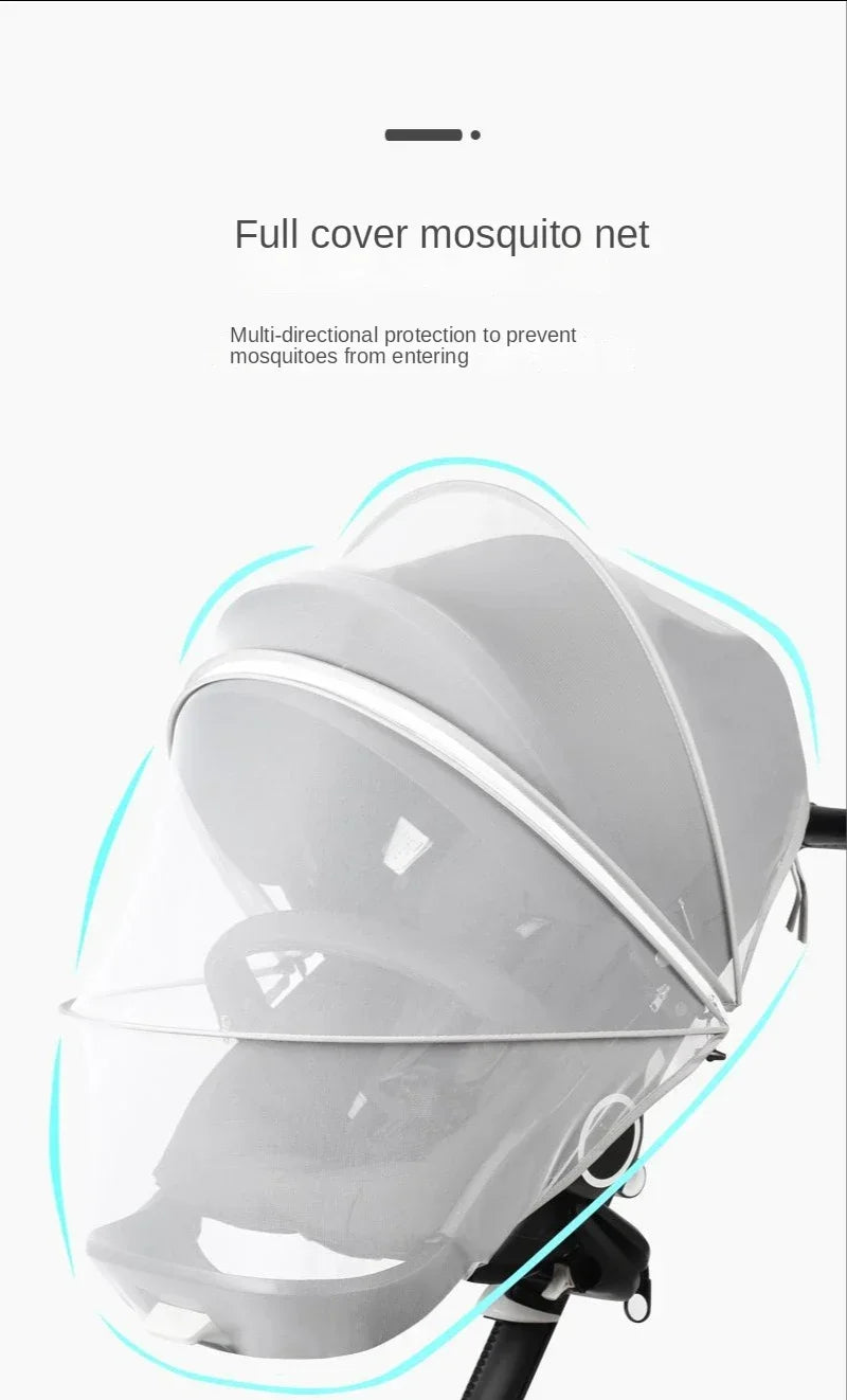 A white full cover mosquito net is shown, demonstrating multi-directional protection.