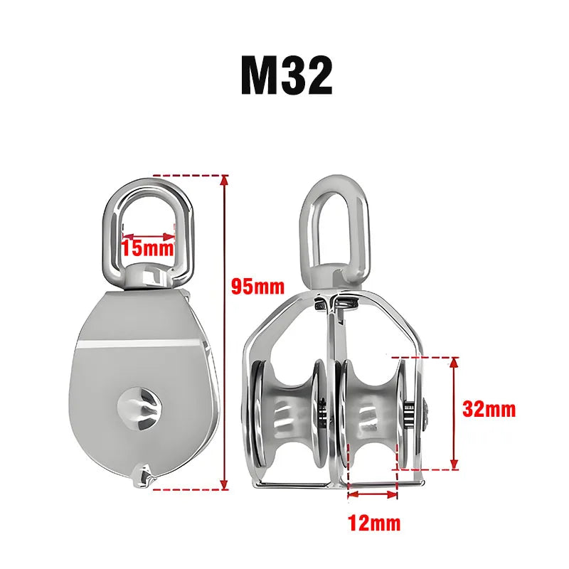 M32 heavy duty swivel double pulley block made of 304 stainless steel with various dimensions shown.
