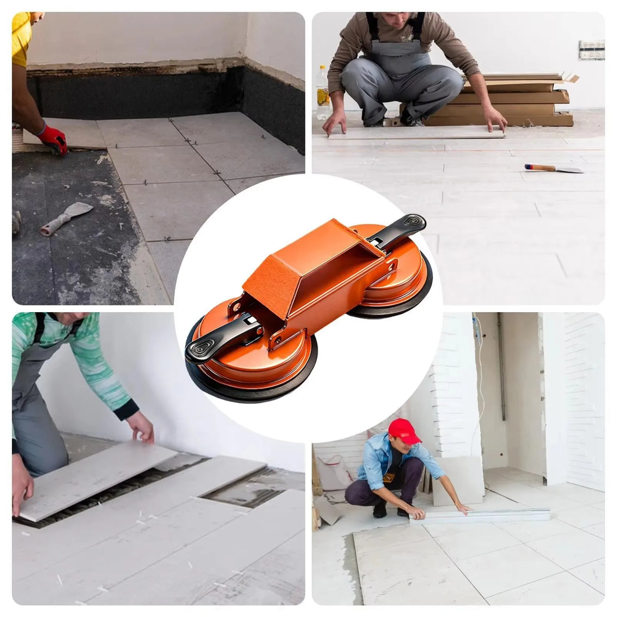 An orange floor gap repair tool with a suction cup is shown being used to fill gaps in a tiled floor.