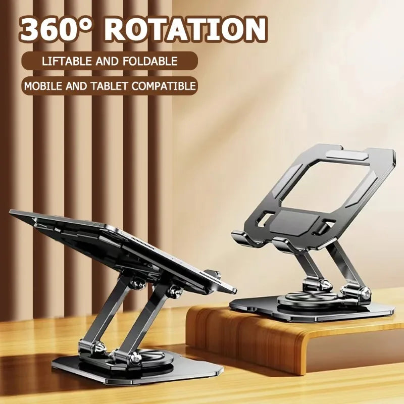 A black foldable tablet stand with a 360 degree rotation feature is shown on a wooden surface.