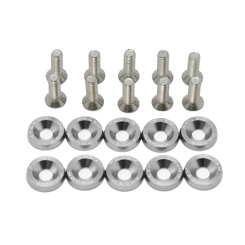 A set of ten M6 Fender washer bolts made of aluminum alloy.