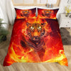 A duvet cover featuring a realistic tiger head design engulfed in bright orange and yellow flames.