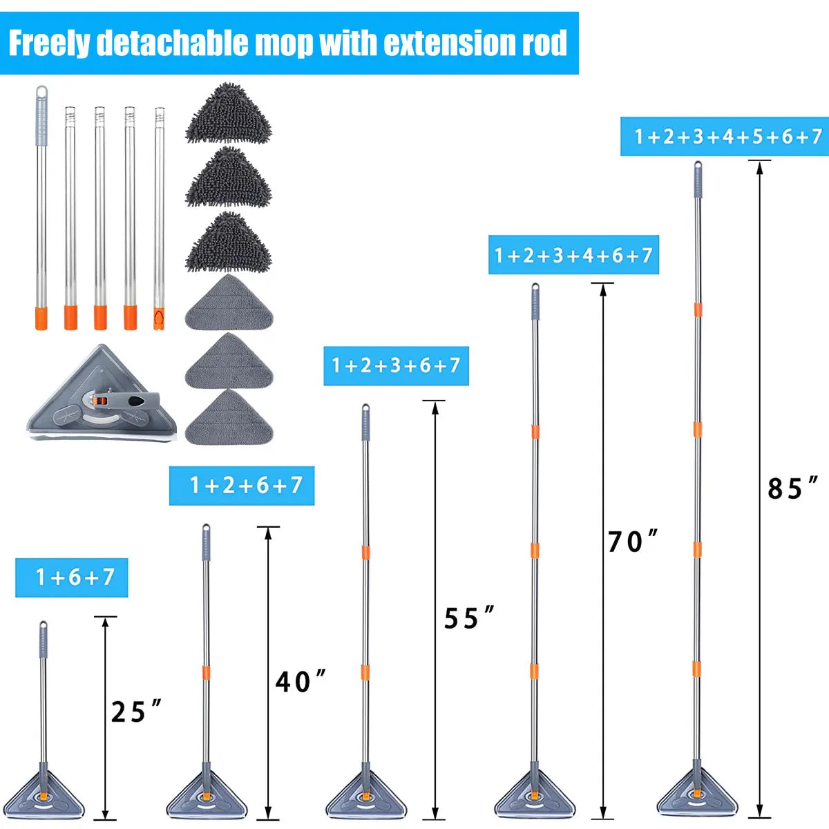 Freely detachable mop with extension rod showing various lengths and attachments.