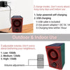 A red portable speaker is shown with a power adapter and USB cable, demonstrating its indoor and outdoor use features.