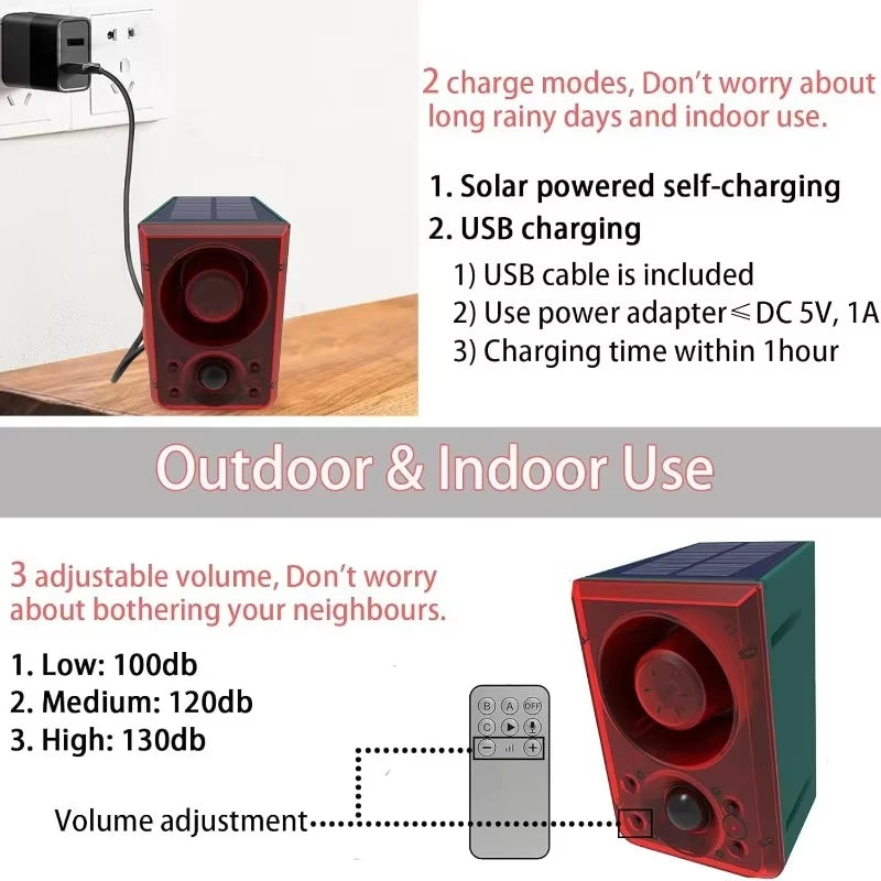 A red portable speaker is shown with a power adapter and USB cable, demonstrating its indoor and outdoor use features.