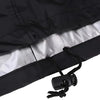 A black heavy-duty waterproof grill cover with a silver lining and a drawstring is shown.