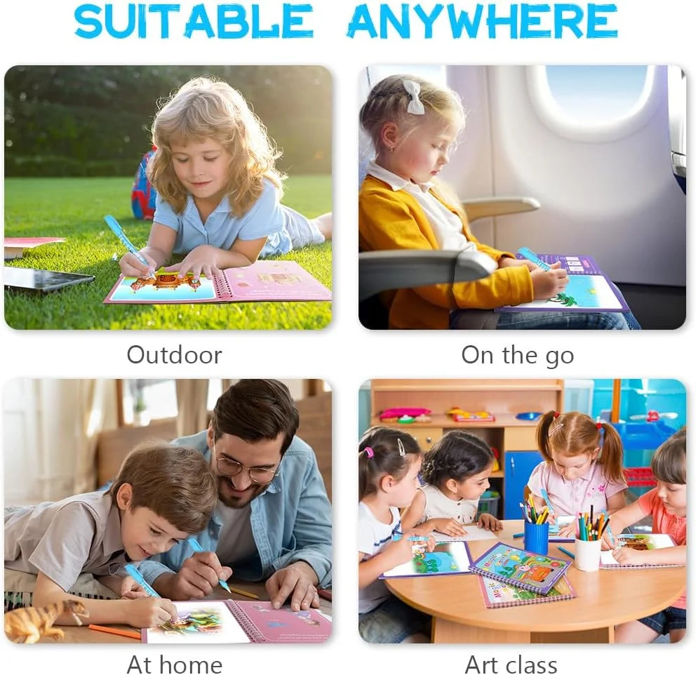 Reusable magic water drawing book with refillable pen shown in outdoor, on the go, and at home contexts.