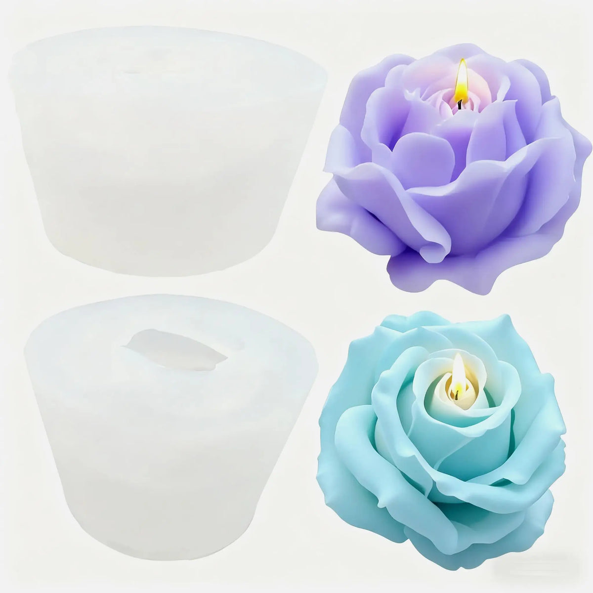 Three silicone molds shaped like flowers are shown in white, purple, and light blue for crafting projects.