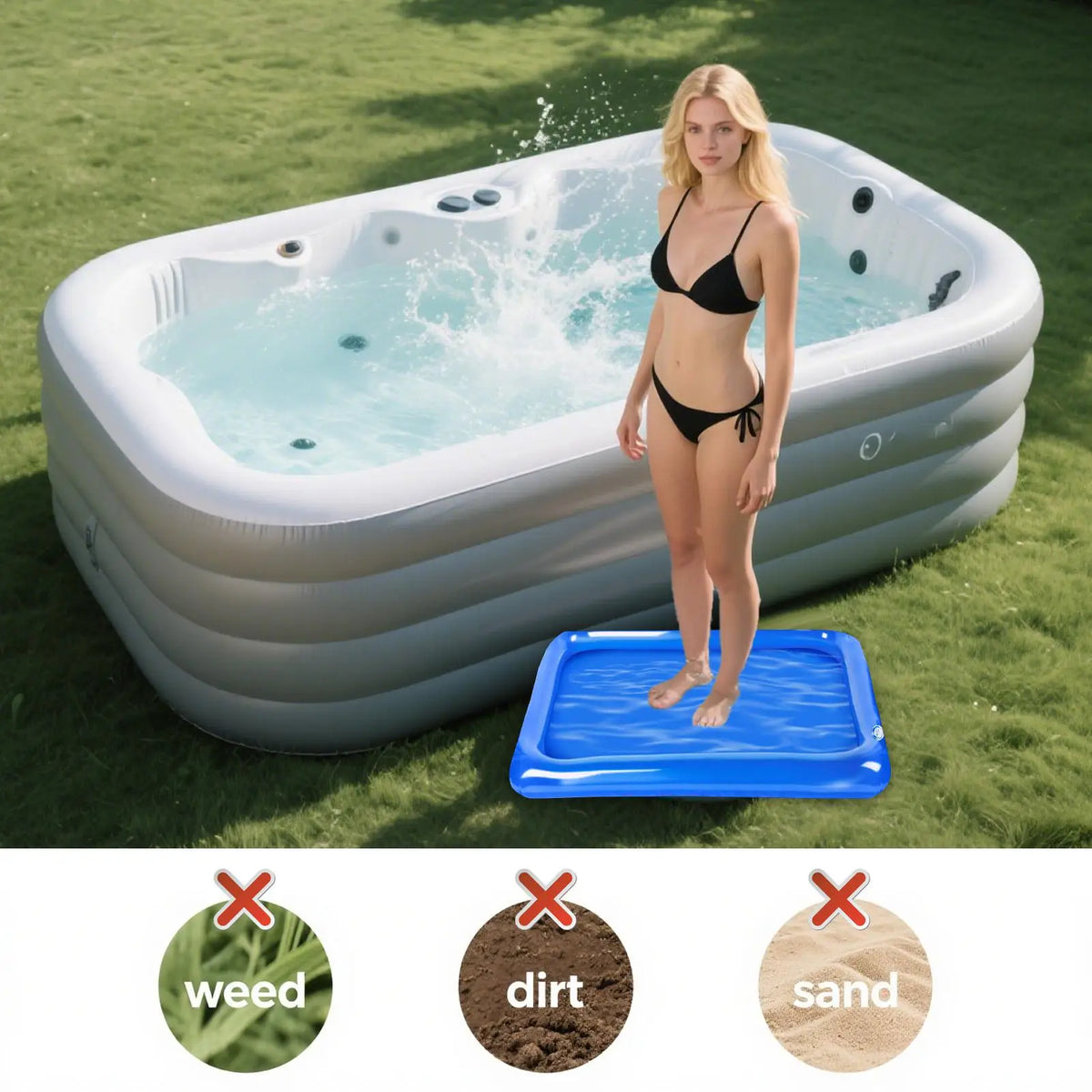 A woman is standing in a large, oval inflatable foot soaking basin on green grass with a blue mat nearby.