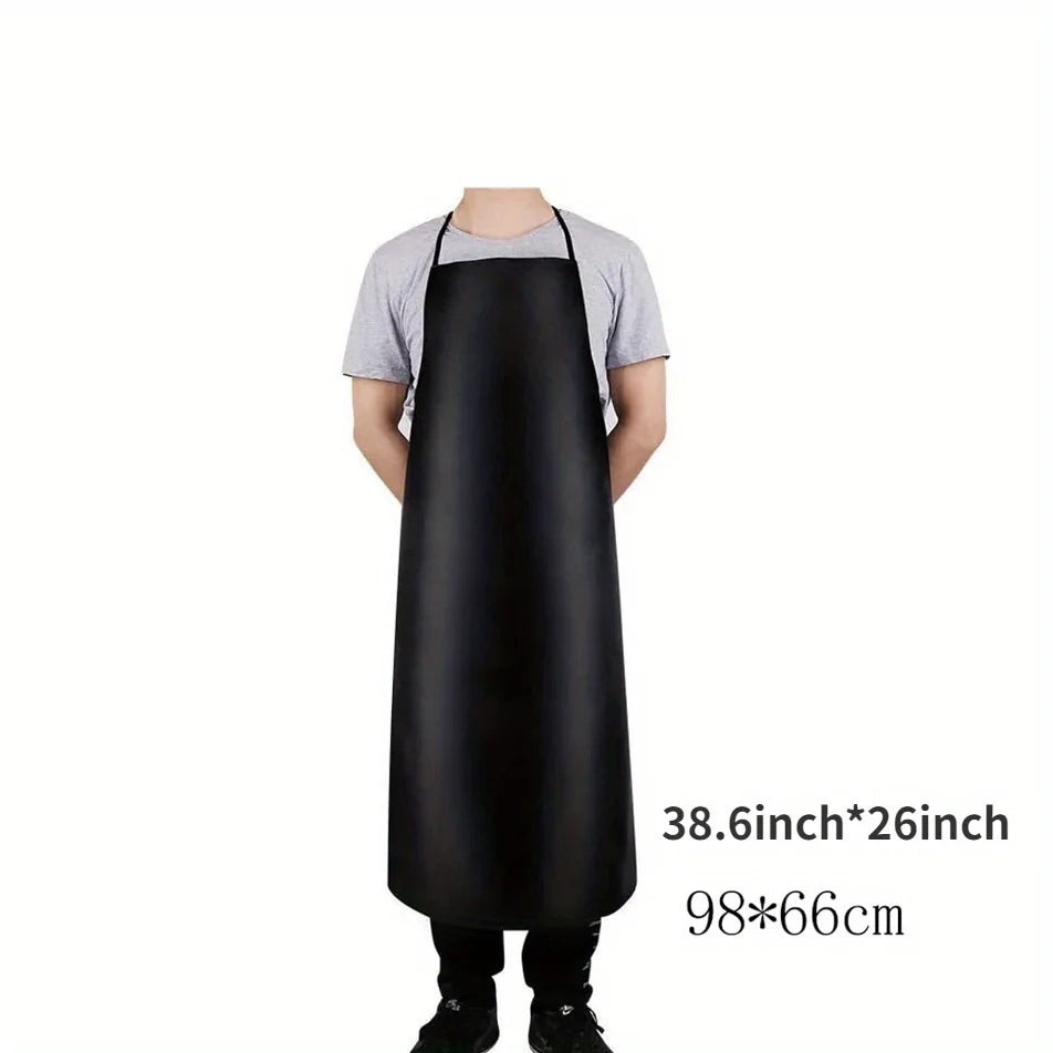 A black PU leather waterproof apron worn by a person, displayed against a white background.