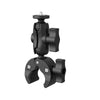 Black universal action camera clamp mount designed for bike and motorcycle handlebars.
