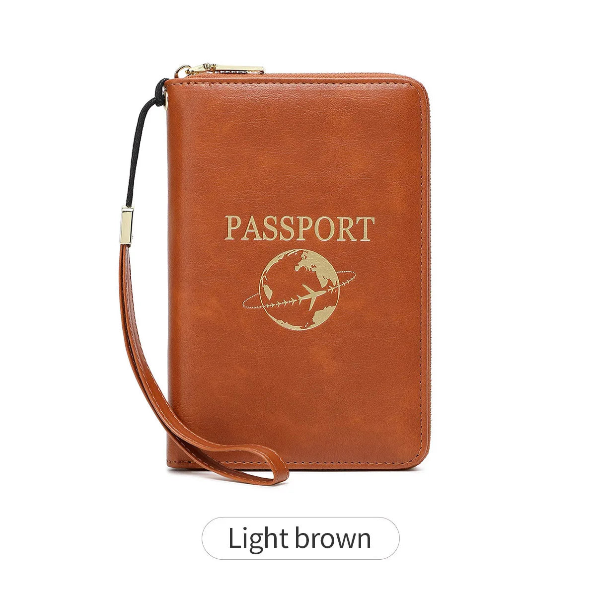 A light brown leather passport wallet with a wrist strap and an embossed globe design.