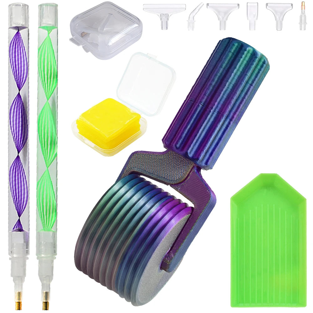 A set of detachable diamond painting roller tools including various tips and a purple and green roller tool.