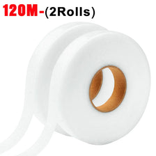 Two rolls of 120M double-sided iron-on fabric adhesive tape rolled on a white background
