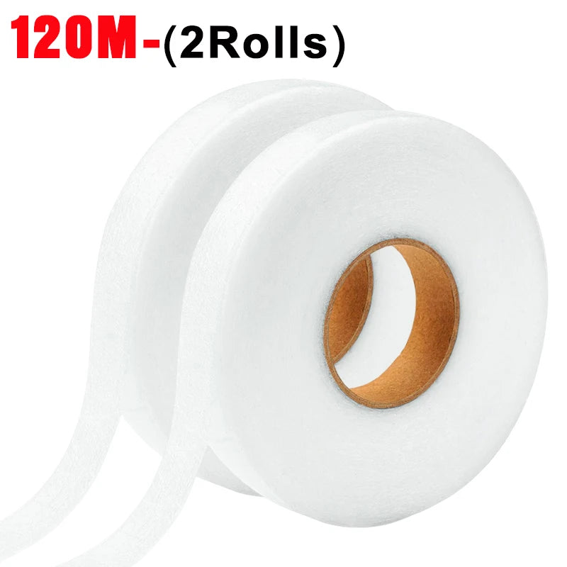 Two rolls of 120M double-sided iron-on fabric adhesive tape rolled on a white background