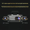 A black dash cam with dual front lenses is shown, demonstrating 180 degree rotation capabilities.