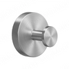 A round, brushed stainless steel suction cup towel hook with a cylindrical mounting post.