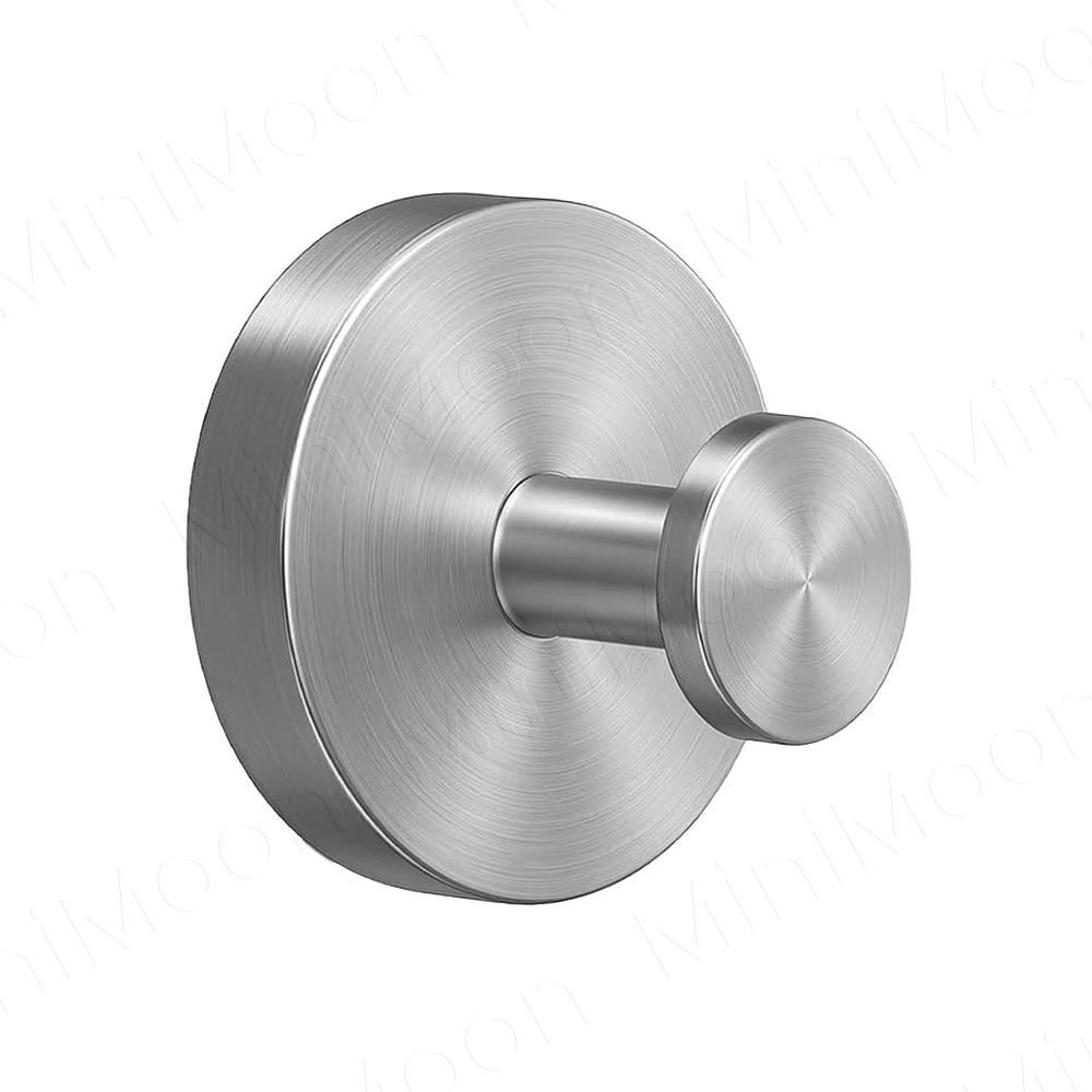 A round, brushed stainless steel suction cup towel hook with a cylindrical mounting post.