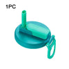A teal silicone can lid with a straw is shown, designed for reusable use on beverages.
