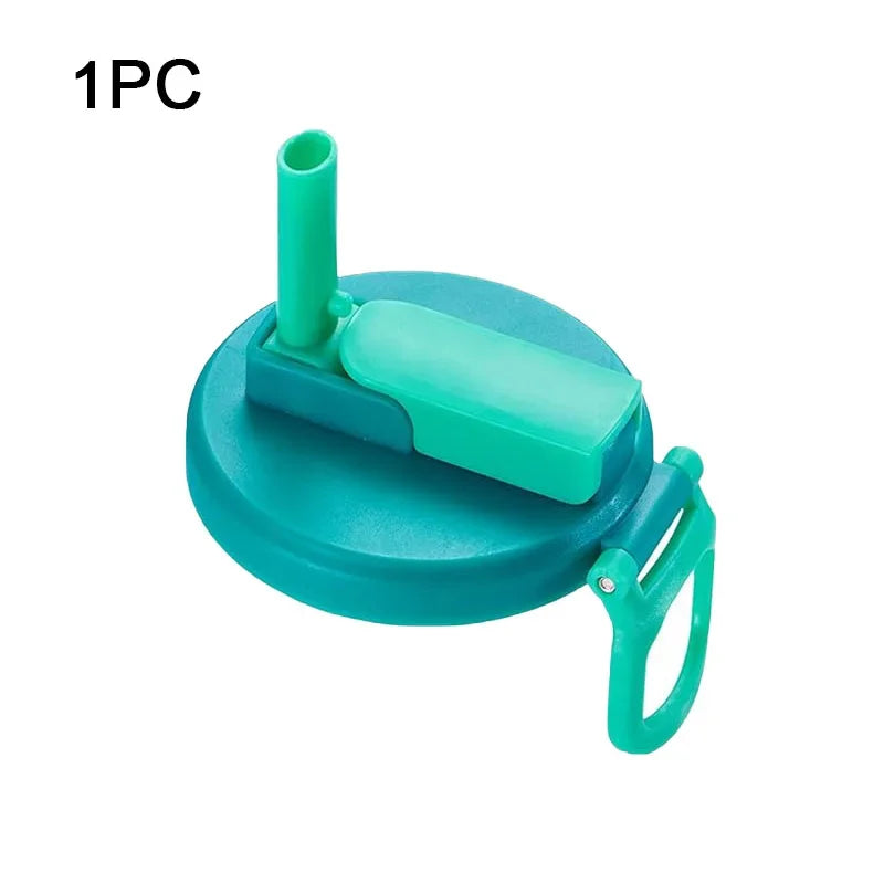A teal silicone can lid with a straw is shown, designed for reusable use on beverages.
