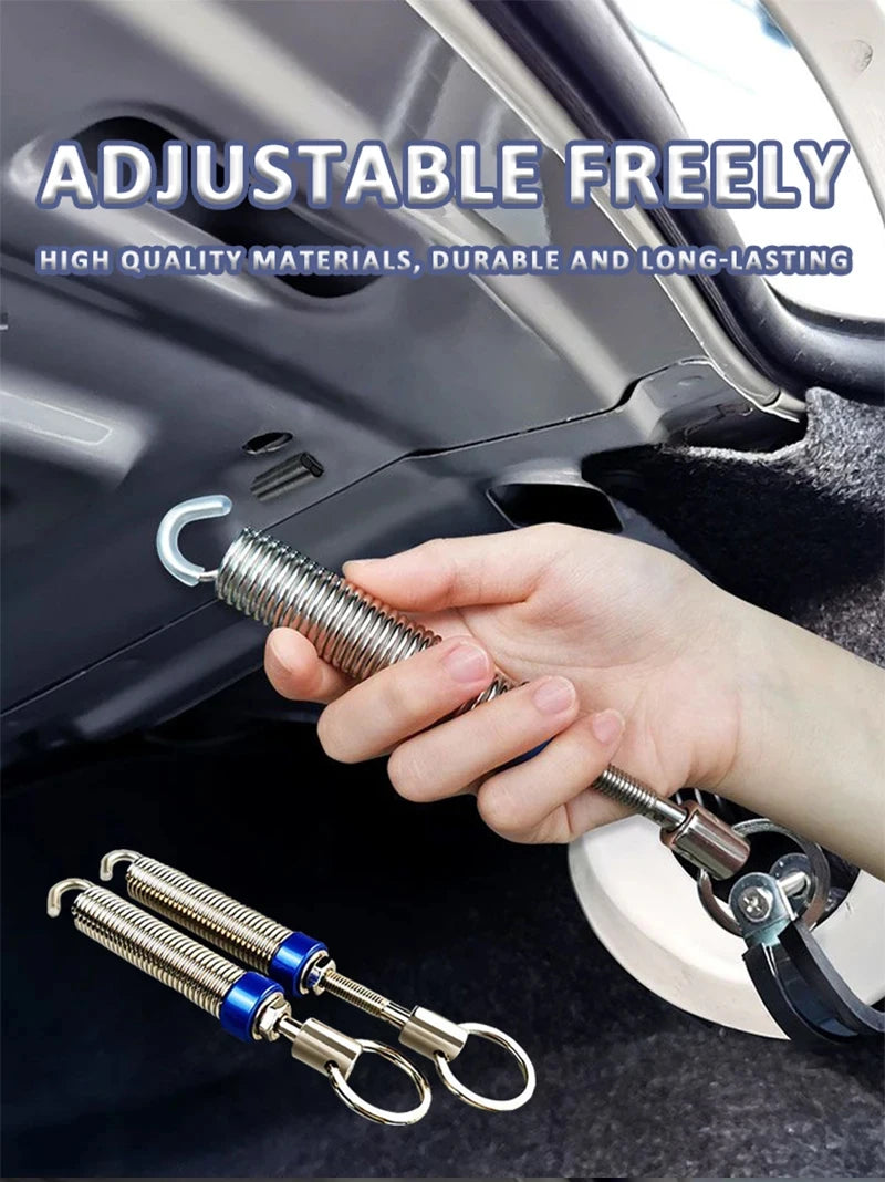 A hand is adjusting an adjustable car trunk lift spring mechanism inside a vehicle door panel.
