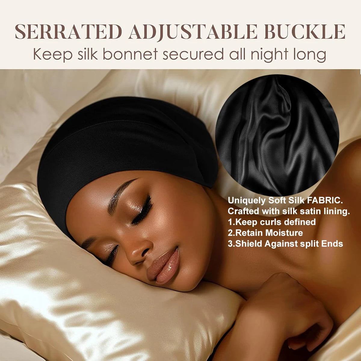 A woman is wearing a black silk bonnet, highlighting its serrated adjustable buckle and soft fabric.