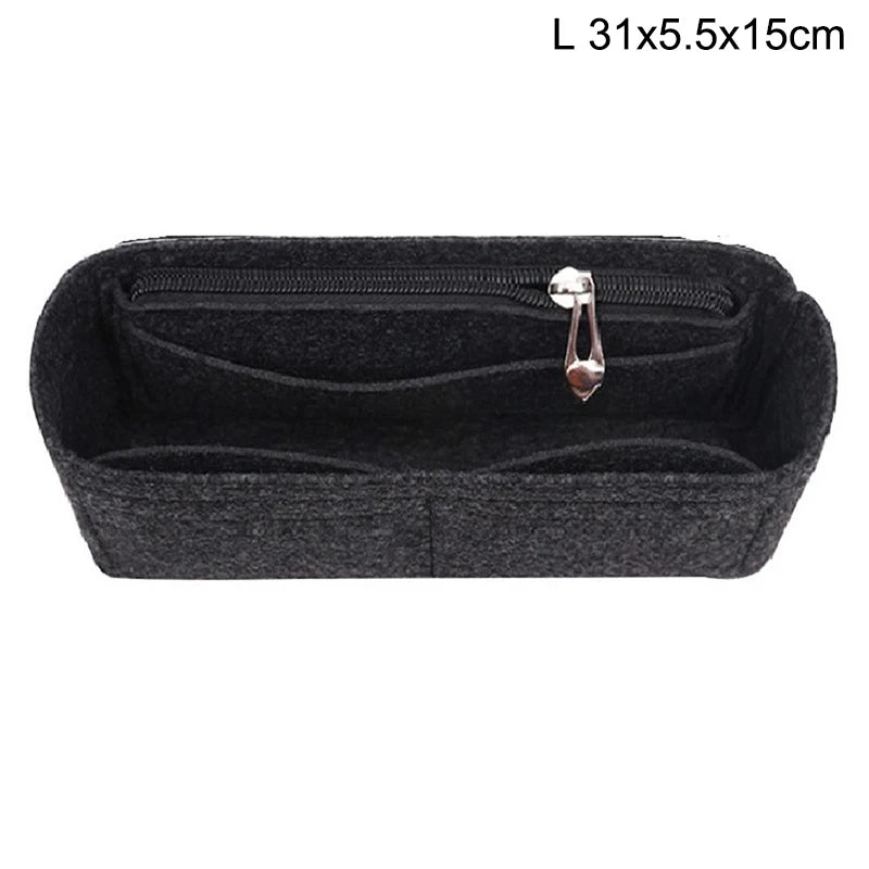 Black felt bag organizer with a zippered compartment and a hanging loop pocket