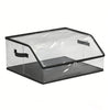 A clear, stackable hat organizer box with a black frame and a slanted lid.