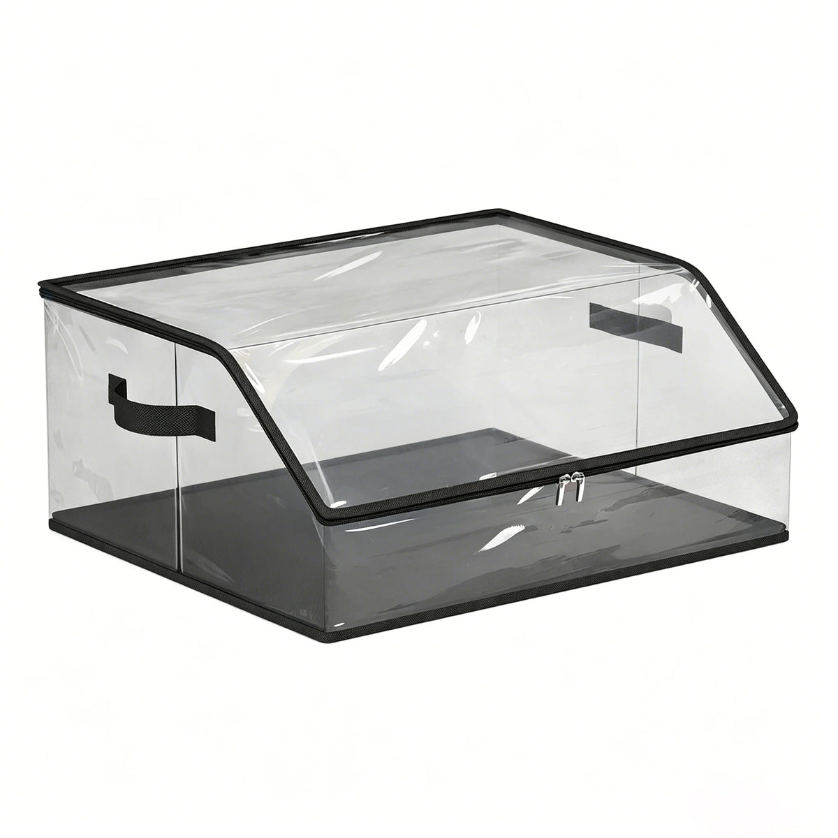 A clear, stackable hat organizer box with a black frame and a slanted lid.
