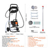A high-efficiency airless paint sprayer with various accessories including gauges, wrenches, brushes, and a paint cup.