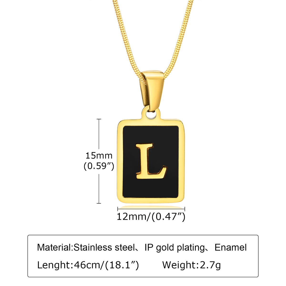 Gold-plated stainless steel initial pendant necklace featuring the letter L on a black square charm