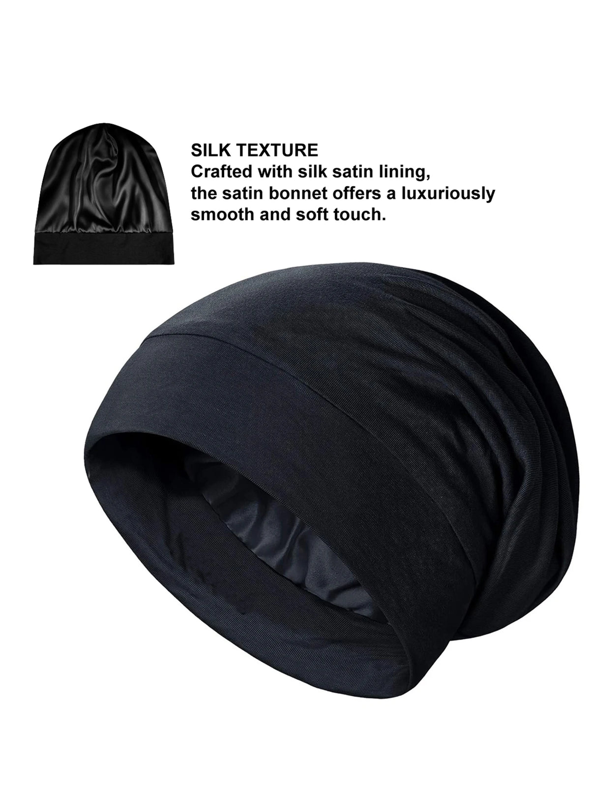 A black silk satin sleep bonnet shown in a draped form.