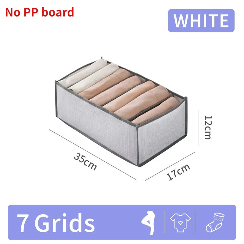 White foldable closet organizer box with 7 grids for storing underwear, socks, and accessories