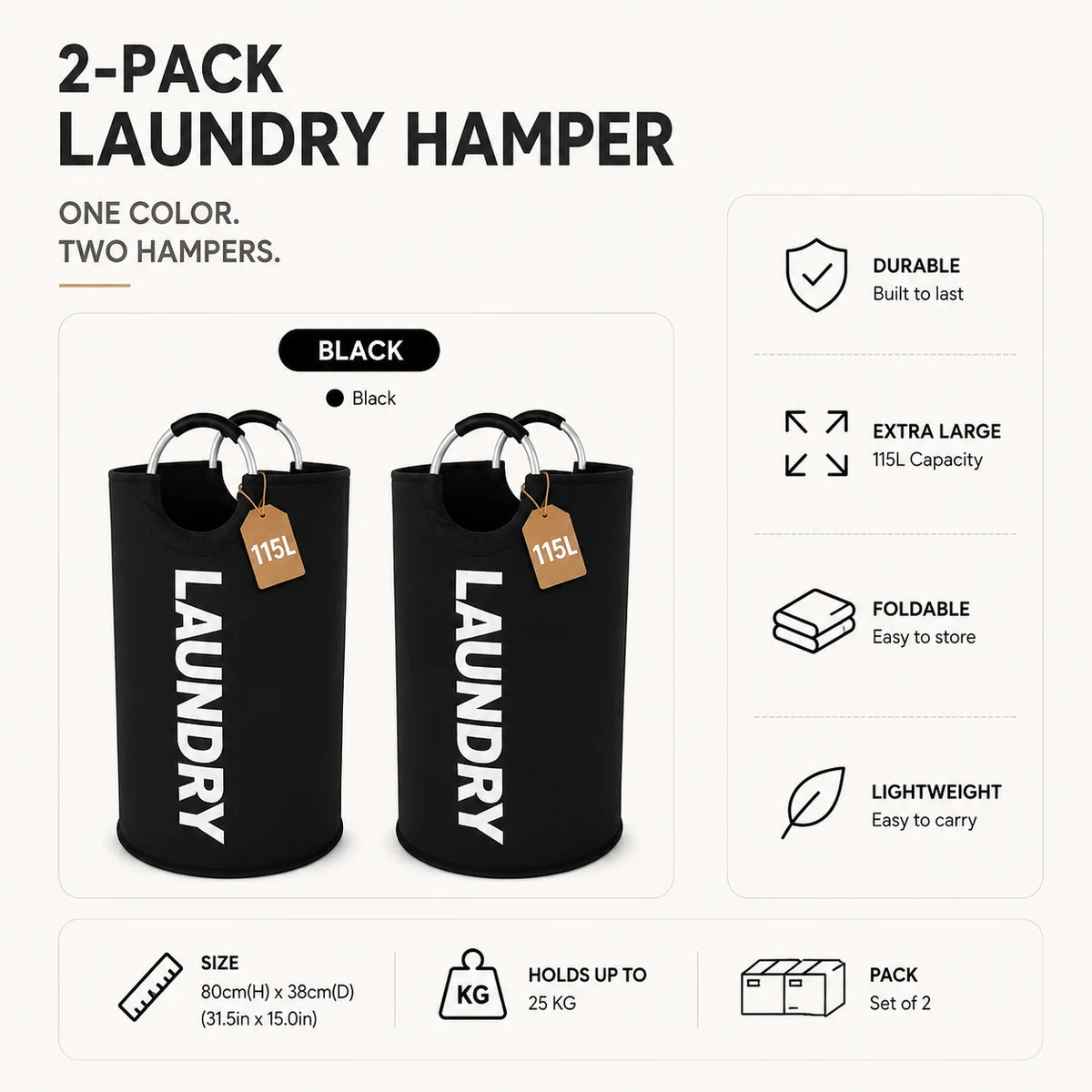 A set of two black, extra large, foldable laundry hampers with padded handles.