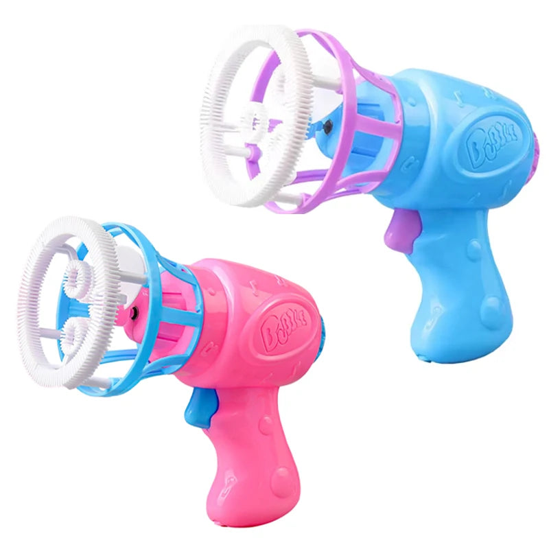 A pink automatic bubble gun for kids with a fan blade and a blue version.