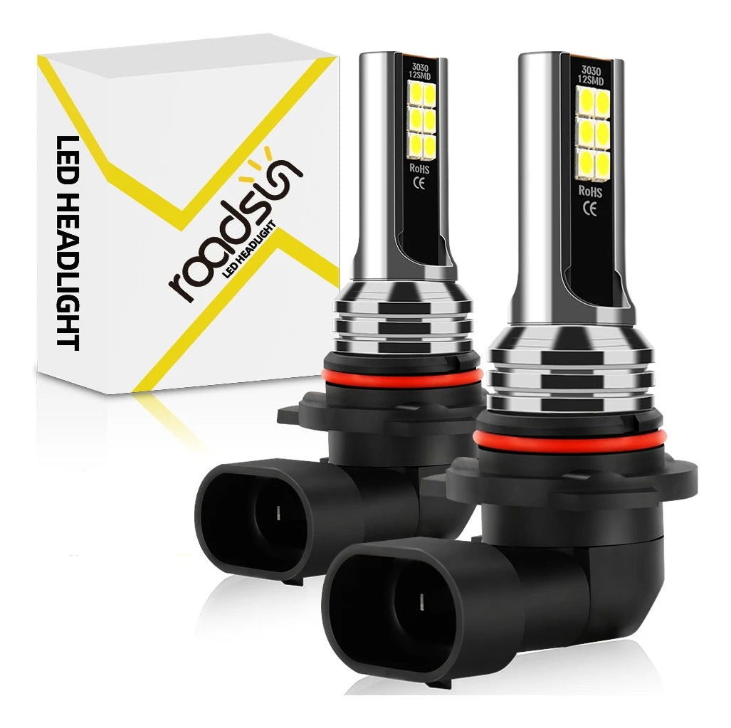 A pair of LED headlight bulbs with 3030 size and 1250mA power, shown next to their packaging box.