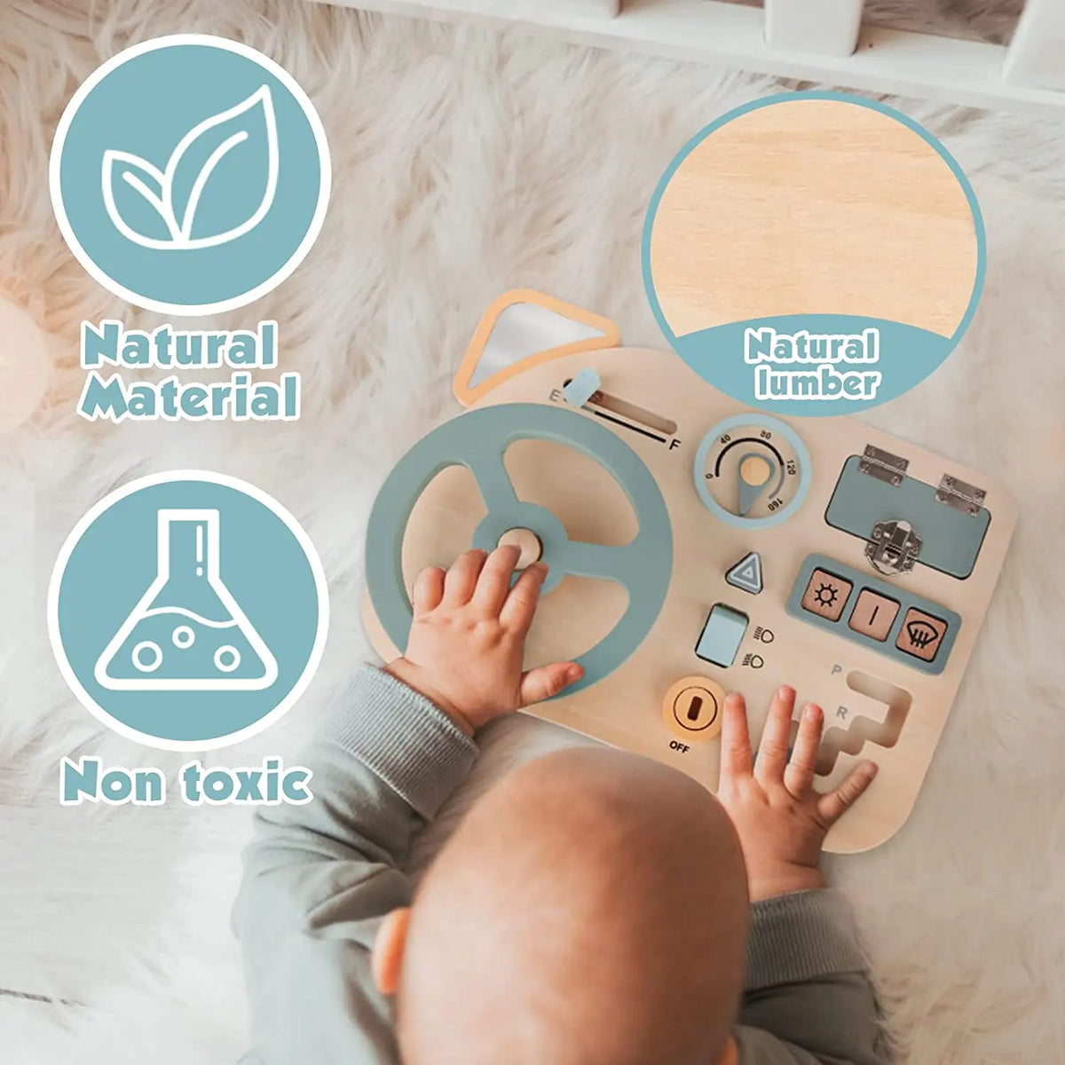 Wooden Steering Wheel Busy Board for Toddlers - Montessori Sensory Toy