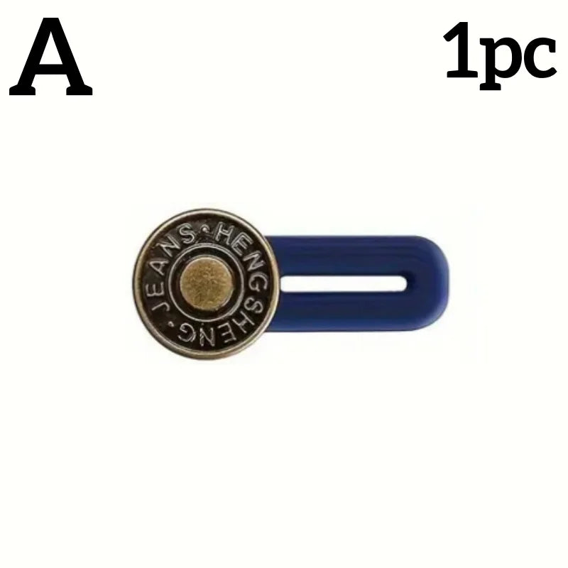 A single adjustable metal jeans button extender in gold and blue.