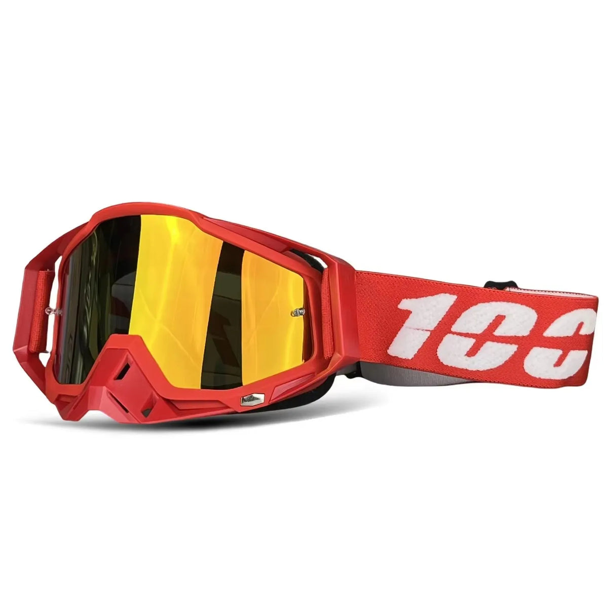 A pair of red off-road motorcycle goggles with yellow tinted lenses and white branding